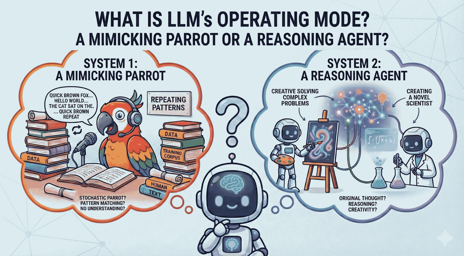 What is LLM's operating mode? A mimicking parrot or a reasoning agent?