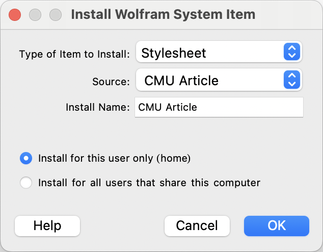Install Wolfram System Item dialog